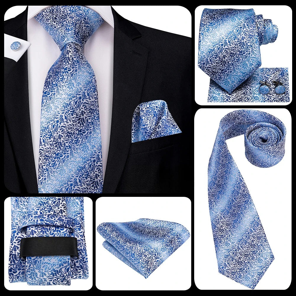 Set cravată, butoni și batistă de buzunar din mătase albastră model floral