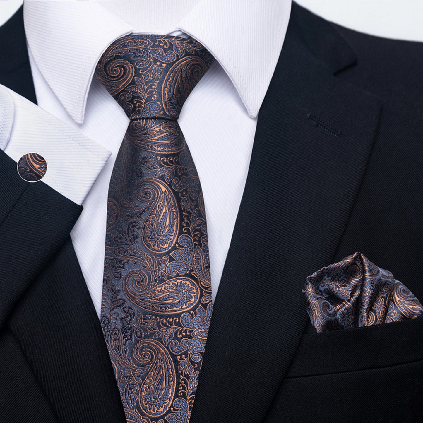Set Elegant din Mătase cu Cravată Florală în Albastru Marin și Cupru