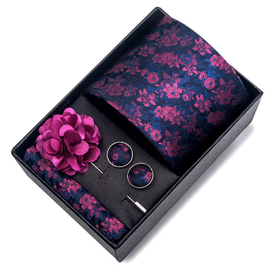 Eleganță și Stil Floral: Set Cravată, Butoni și Batistă din Mătase în Nuanțe de Albastru Marin
